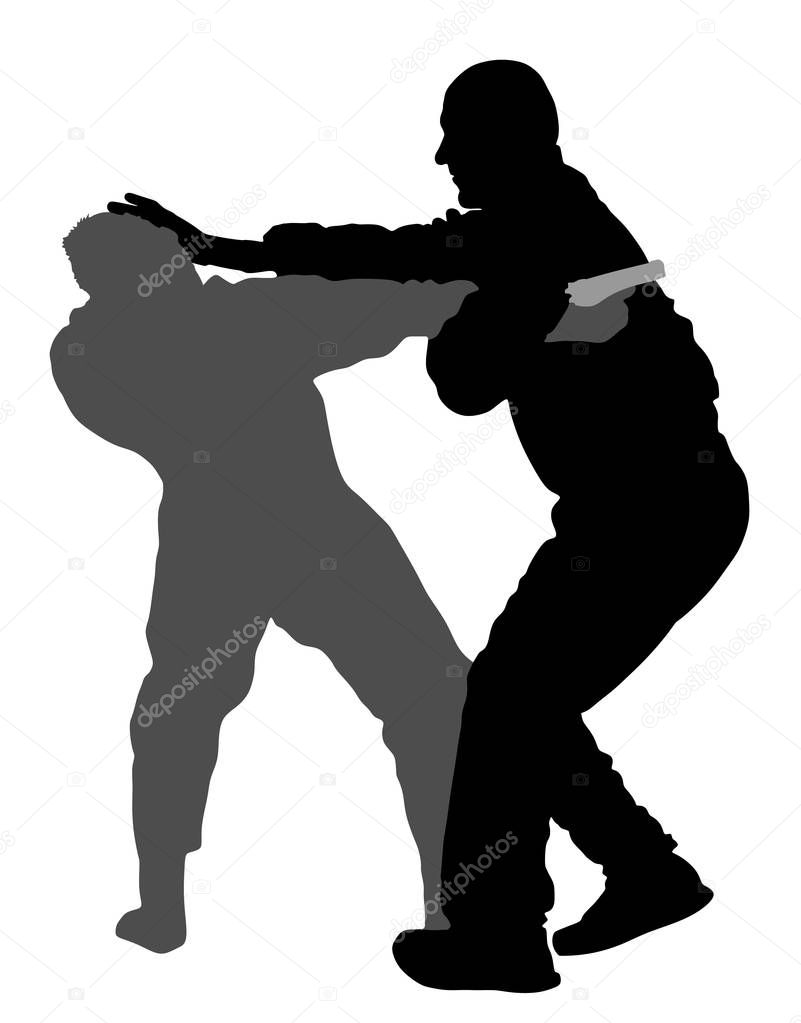 Self defense battle vector illustration. Man fighting against aggressor with gun or pistol. Krav maga demonstration in real situation. Combat for life against terrorist. Army skill action. Policeman.