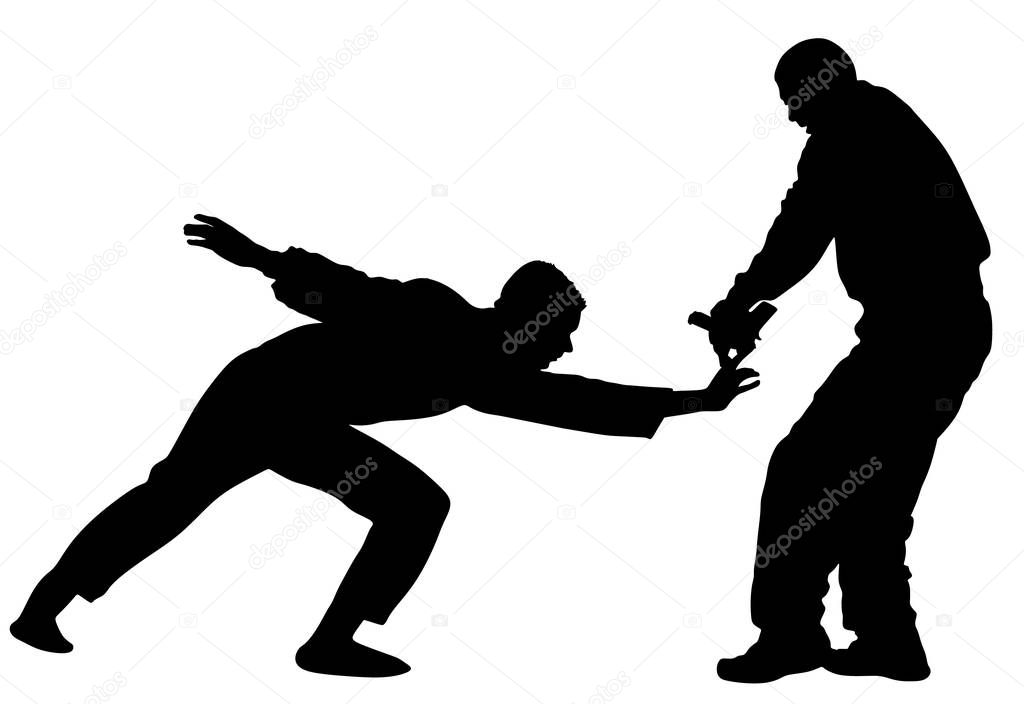 Self defense battle vector illustration. Man fighting against aggressor with gun or pistol. Krav maga demonstration in real situation. Combat for life against terrorist. Army skill action. Policeman.