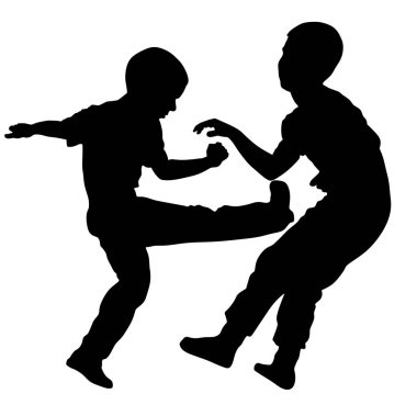 Two boys fighting vector silhouette. Two young brothers fight vector illustration. Angry kid terror. Street hitting and punching after school. Bully abused neighbor kid. Child problematic behavior. 