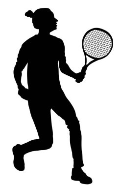 Woman tennis player vector silhouette isolated on white background. Sport tennis shadow isolated. Recreation pose. Girl play tennis. Active lady hobby training after work. Anti stress worming up .