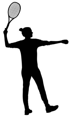 Woman tennis player vector silhouette isolated on white background. Sport tennis shadow isolated. Recreation pose. Girl play tennis. Active lady hobby training after work. Anti stress worming up .