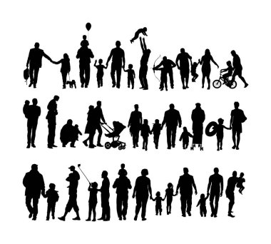 Babalar günü seti, aile bireyleri vektör silueti beyaz arka plan üzerinde izole. Oğlu olan baba. Baba ve kız. Aile değerleri. Küçük bir oğlan ve kız ve baba. Mutlu yıllar konsepti.