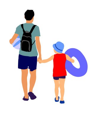 Mutlu Aile zevk ve güzel güneşli tropikal plaj vektör illüstrasyon gidin. Aile plajı günü. Baba ve oğul yüzmeye ve güneşlenmeye giderler. Çocuk elini tutan baba. Yaz eğlencesi. Babalar günü. 