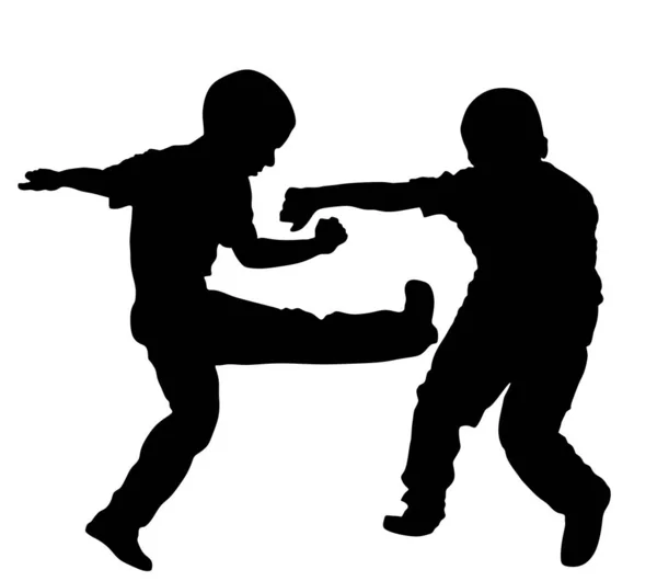 Due Ragazzi Che Combattono Silhouette Vettoriale Due Giovani Fratelli Combattono — Vettoriale Stock
