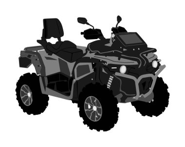 Dört bisiklet vektör illüstrasyon beyaz arka plan üzerinde izole. Quadricycle, dört tekerlekli bisiklet yol aracı kapalı. Atv yol macerası. Tüm arazi araçları. Açık hava spor aktivitesi. 