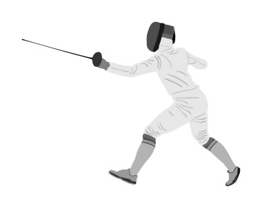 Beyaz arka plan üzerinde izole oyuncu portre vektör illüstrasyon eskrim. Eskrim yarışması. Kılıç dövüşü. Çit savaşı.