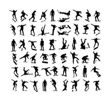 Ekstrem spor oyunu, kaykay parkı kaykaycı, hava atlama hilesi. Kaykay vektör siluet illüstrasyon beyaz arka plan üzerinde izole. Açık kentsel eylem. Spor kazası. Yaralı sporcular düşüyor.