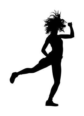 Modern tarzı dansçı kız vektör siluet illüstrasyon beyaz arka plan izole. Kadın bale sanatçısı. Seksi hip hop bayan. Zaman dışında gösteri, amigo sanatçı dans. Spor destek etkinliği.