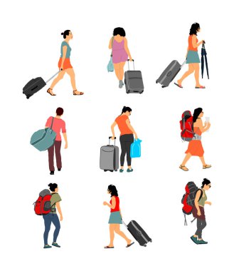 Bagaj ile yolcu kadın havaalanı vektör illüstrasyon yürüyüş. Gezgin kız ve birçok çanta eve gitmek. Bayan bagaj taşıyor. Ağır kargo yükü olan insanlar tatilden sonra taksi bekliyor. Sınırdaki mülteci