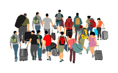 Havaalanı vektöründe yürüyen bagajı olan yolcular. Çantaları olan yolcular evlerine giderler. Erkek ve kadın bagaj taşırlar. Tatilden sonra taksi bekleyen ağır kargo yükü ile insanlar kalabalık. Sınır göçünde mülteciler