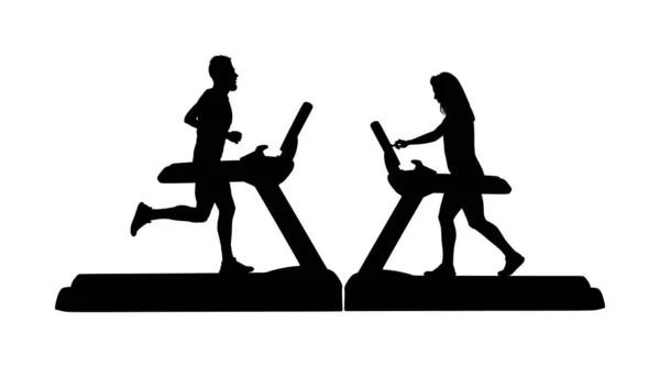 运动男子在跑步机上跑步在健身房矢量剪影 男孩在跑道上进行有氧训练 健身小姐教练私人教练锻炼 模拟器上的妇女练习 情侣体育活动 — 图库矢量图片