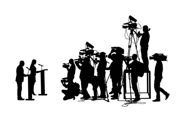 Public speaker standing on podium vector silhouette. Politician woman meeting ceremony event. Businessman speaking with public. Talking on vote press conference. Election campaign duel. Cameraman crew