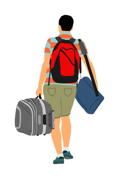 空港ベクトルで歩く荷物を持つ乗客 バッグを持った旅行者は家に帰ります 男は荷物を運ぶ 休日の後にタクシーを待っている重い貨物負荷を持つ少年 国境移住難民 — ストックベクタ