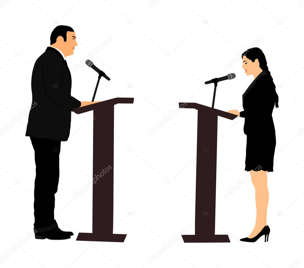 Public speaker standing on podium vector illustration. Politician woman opening meeting ceremony event. Businessman speaking with public. Talking on microphone. Election campaign vote  opponent duel.