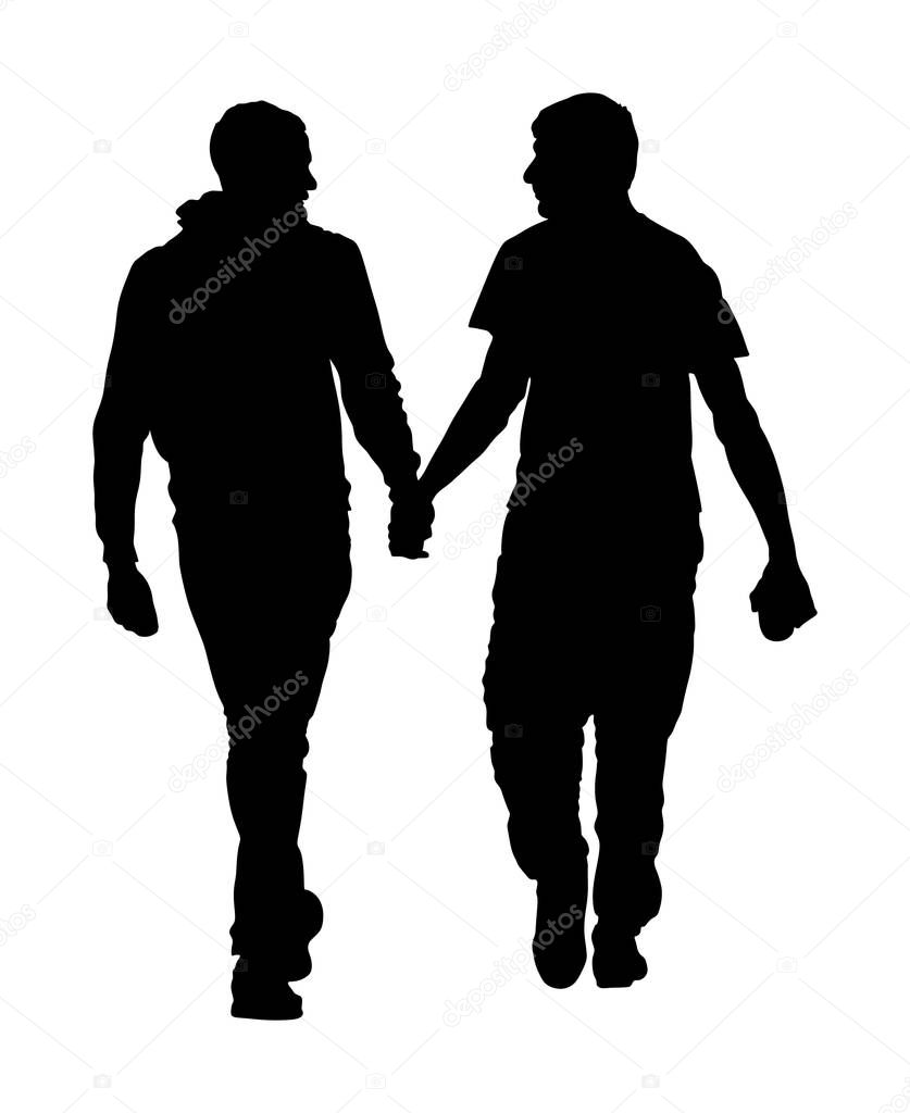 Two homosexual boys walking and hand holding vector silhouette illustration. Handsome gay couple tenderness in public. Hand to hand closeness, man love male. Gay pride rights against discrimination.