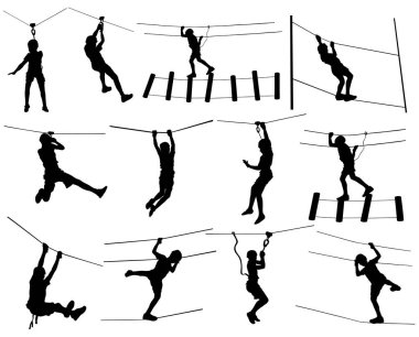 Extreme sportsman took down with rope. Man climbing vector silhouette illustration, isolated on white. Sport weekend zipline action in adventure park rope ladder. Ropeway for fun, team building. clipart