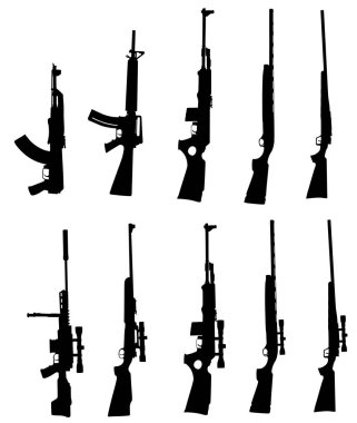 WW2, beyaz arka planda izole edilmiş Amerikan ve Rus tüfek koleksiyonu vektör silueti çizimi. Keskin nişancı tüfeği sembolü siluet, yarı otomatik, karabina. Ordu ve polis silahları.. 