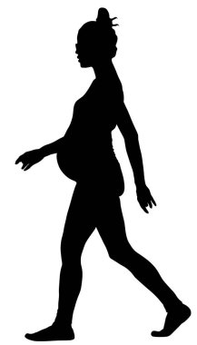 Hamile kadın siluet vektörü, beyaz arka plan üzerinde izole. Karşıdan karşıya geçen hamile bir kız. Zarif hamile kadın aktif yaşam.