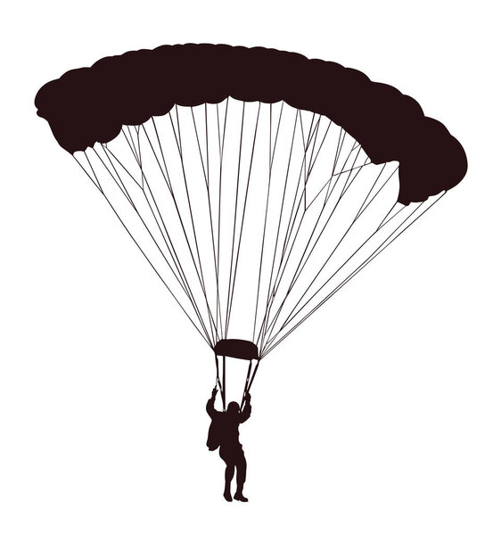 Parachutist in flight vector silhouette illustration isolated on white background. Insurance risk concept. Man in air jump. Skydiver acrobatics. Military air desant. Airborne force. Airdrop soldier.