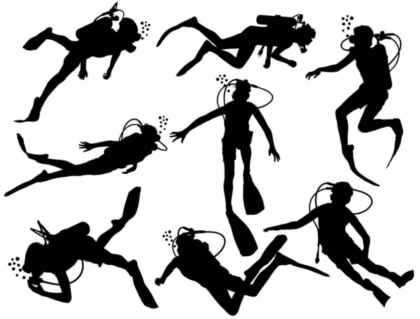 Scuba Diving Silhouet Vector Illustratie Geïsoleerd Witte Achtergrond Sport Onderwater — Stockvector