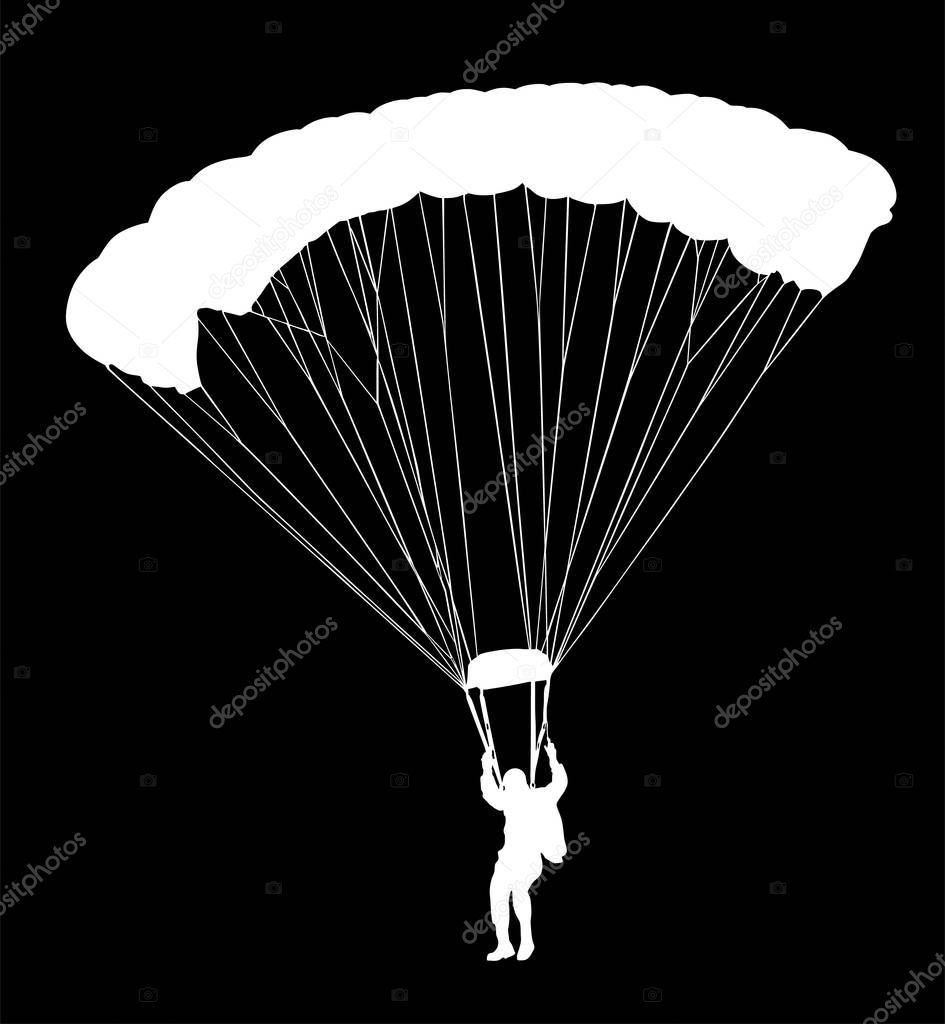 Parachutist in flight vector silhouette illustration isolated on black background. Insurance risk concept. Man in air jump. Skydiver acrobatics.