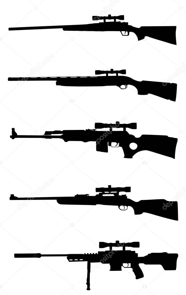 WW2, American and Russian rifle collection vector silhouette illustration isolated on white background. Sniper rifle symbol silhouette, semi automatic, carbine, kalash. Army and police weapons. 