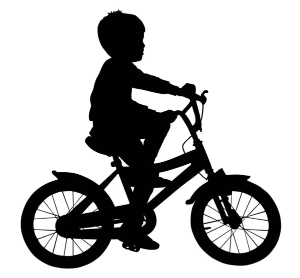 Little Boy Riding Bicycle Vector Silhouette Illustration Isolated White Background — Stock Vector