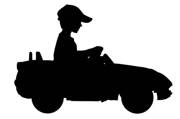Маленький Хлопчик Кермом Міні Автомобіль Векторні Силуети Ілюстрації Дитина Іграшковим — стоковий вектор