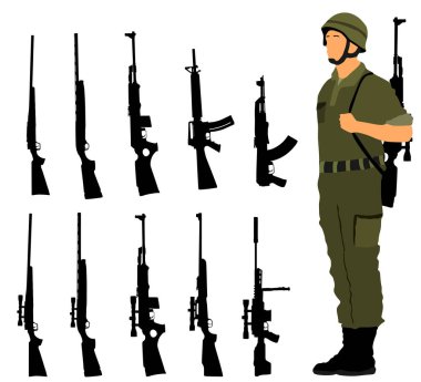 Görev vektör tüfek ile selamlama ordu asker (Anma günü, Gaziler günü, 4 Temmuz, Bağımsızlık günü ) Tüfek toplama vektör siluet izole. Keskin nişancı tüfeği, yarı otomatik, karabina, kalash.