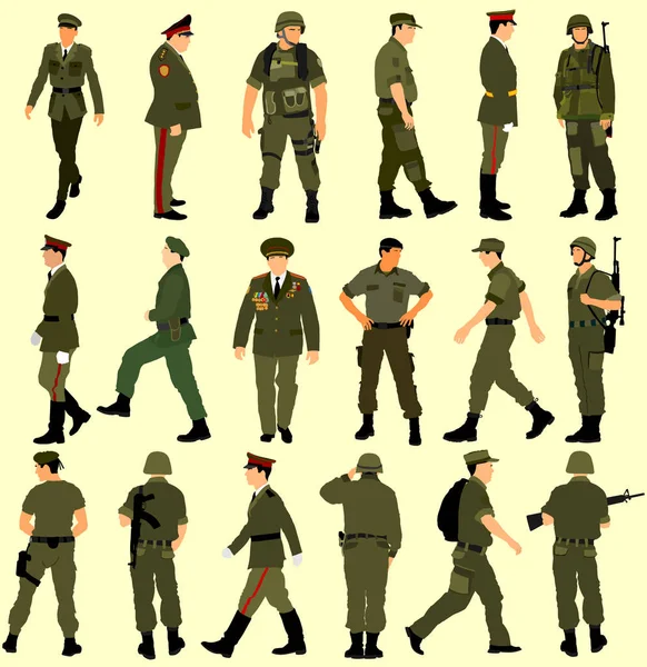 Stor Samling Olika Soldater Vektor Illustration Isolerat Vit Bakgrund Saluting — Stock vektor