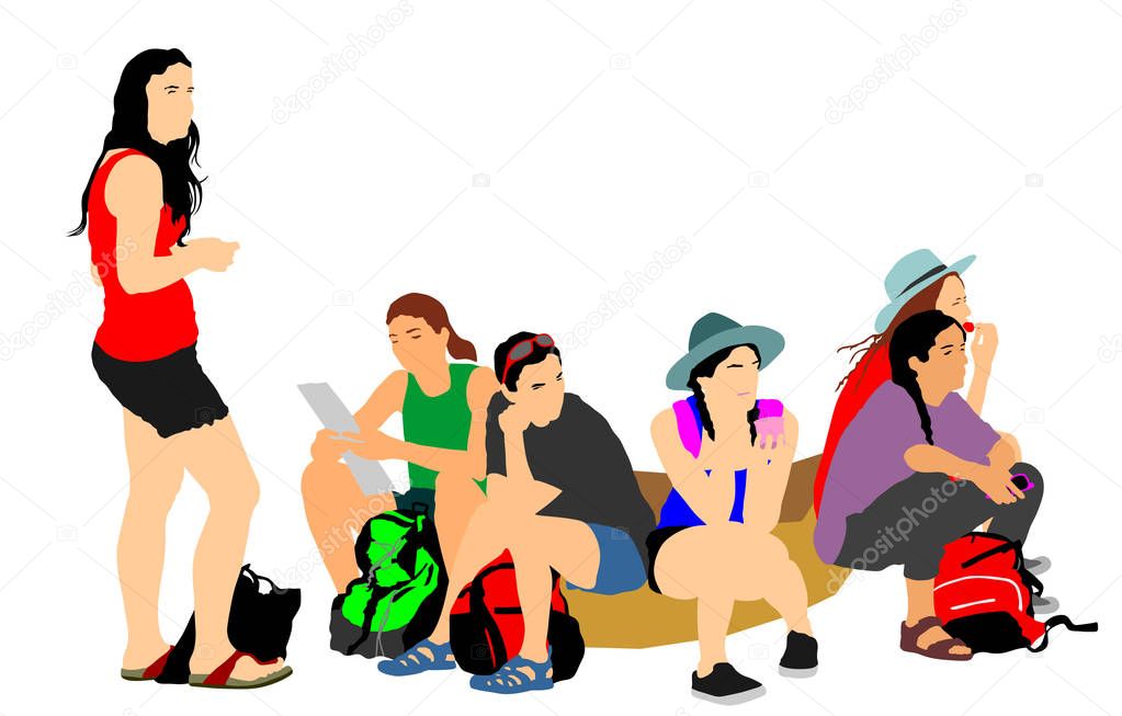 Tired tourist girls traveler rest and waiting taxi to hostel, vector illustration isolated white background. World traveler. Women passengers group with backpack waiting  bus for airport. Sport team.