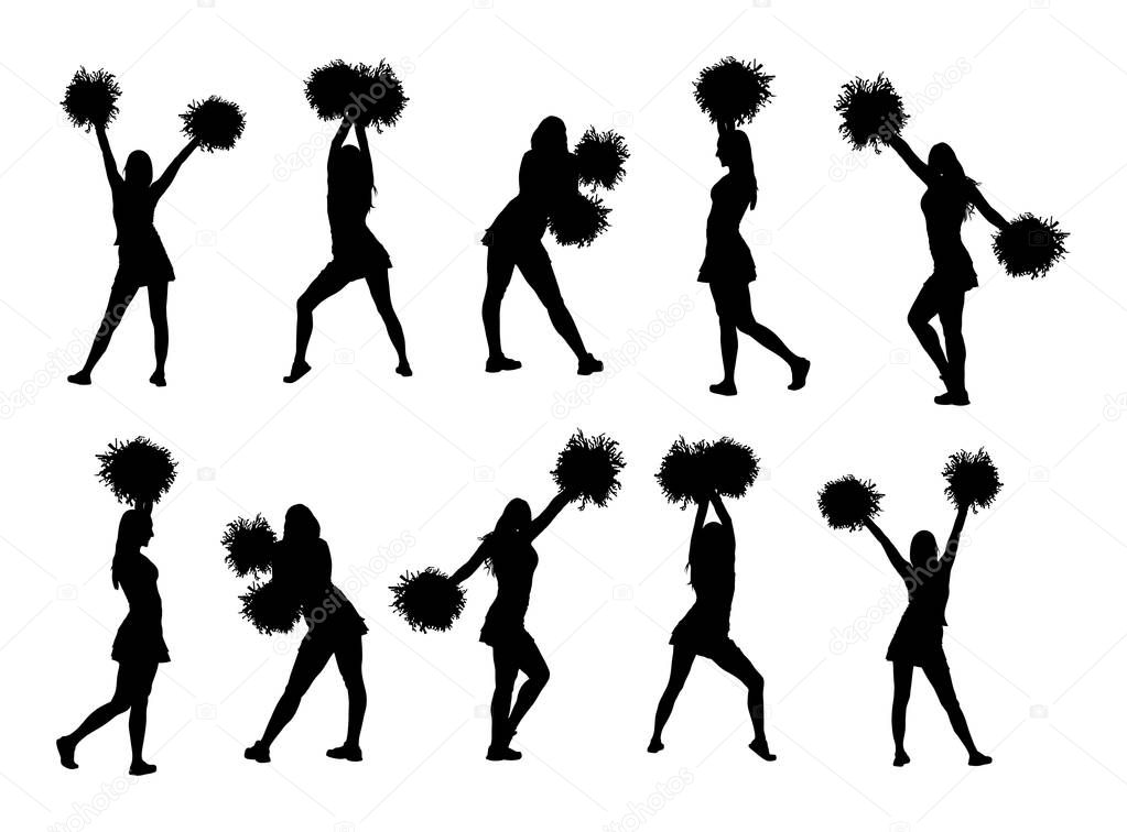 Cheerleader dancers figure vector silhouette illustration isolated. Cheer leading girl sport support. High school, college cheerleading formation. Gymnastic legs apart pose perform. Energy dance fan.