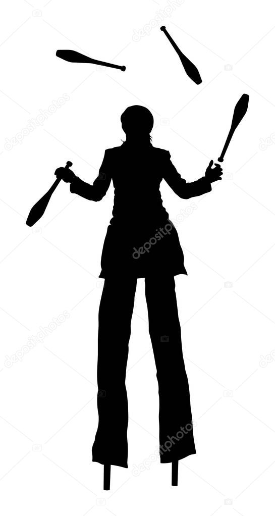 Clown on stilts vector silhouette isolated on white background. Street actor illustration. Juggler woman artist vector, Juggling  play with pins. Clown in circus jugging performs skill. Funny game.