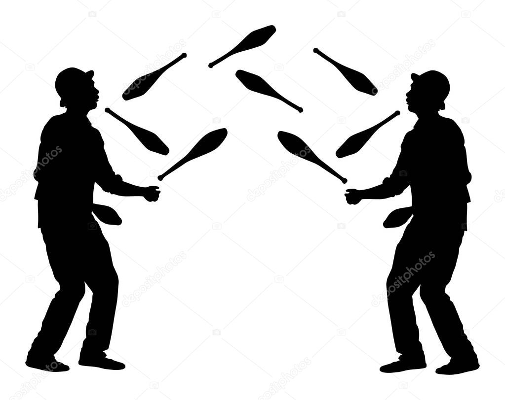 Juggler artist vector silhouette, Juggling with pins. Clown in circus jugging performs skill. Children birthday animator. Carnival attraction. Street performer acrobat public entertainment. Man skills