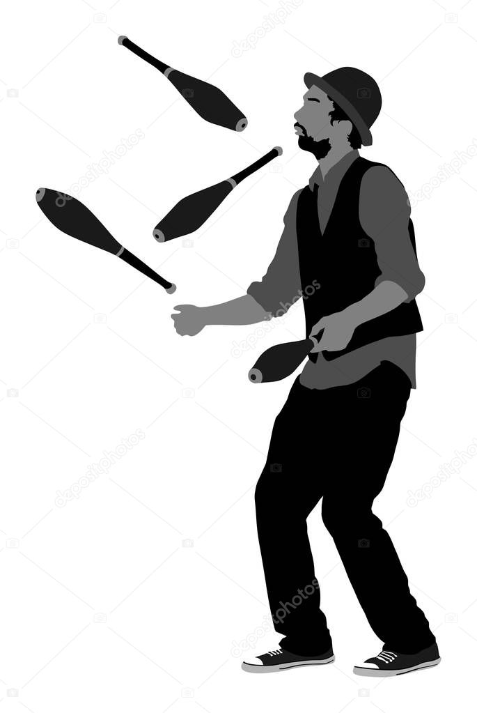 Juggler artist vector illustration, Juggling with pins. Clown circus jugging performs skill. Children birthday animator. Carnival attraction. Street performer acrobat public entertainment. Man skills