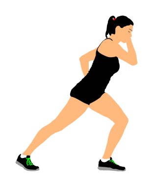 Fitness eğitmeni eğitim vektör illüstrasyon beyaz arka plan üzerinde izole. Spor eğitim kadın, spor salonu ve yaşam tarzı kavramı. Pilates kızı. Atlet bayan egzersiz yapıyor. Isınma, egzersiz aktivitesi.