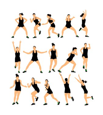 Fitness eğitmeni eğitim vektör illüstrasyon beyaz arka plan üzerinde izole. Spor eğitim kadın, spor salonu ve yaşam tarzı kavramı. Pilates kızı. Atlet bayan egzersiz yapıyor. Isınma, egzersiz aktivitesi.