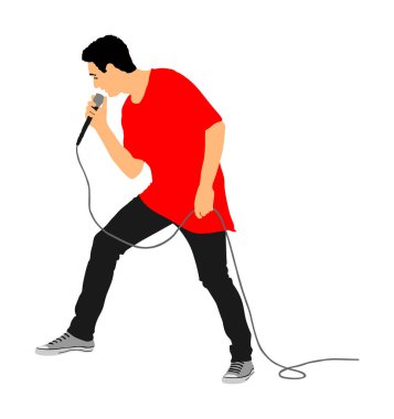Popüler şarkıcı süper yıldız vektör illüstrasyon beyaz arka plan üzerinde izole. Sahnede çekici müzik sanatçısı. Şarkıcı adam sanatçı konserde halka karşı. Eğlence etkinliği. Ellerde Mikrofon.