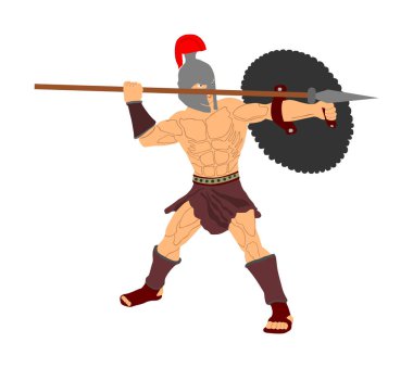 Kalkan ve mızrak vektör illüstrasyon ile savaşta Roma lejyoner asker. Güçlü Spartalı savaşçı. Kolezyum'da kaslı Roma gladyatörü. Eski Yunan savaşçısı. 
