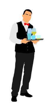 Profesyonel garson misafirler vektör için sipariş içecekler ile tepsi tutarak. Restoranda hizmetçi emir alıyor. Barda çalışan işçiler, müşterilere yiyecek ve içecek servisi sunmaktadır. Barman konukları karşılıyor. Otelde hizmetçi.