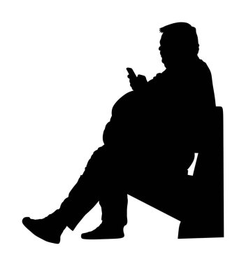 Şişman adam sağlık vektör silueti hakkında endişe olduğunu. Kilolu kişi sorun. Büyük çocuk yemek kalorisi hakkında düşünün. Şişman çocuk parkta bankta oturuyor ve cep telefonuyla fast food sipariş ediyor. Dev adam.