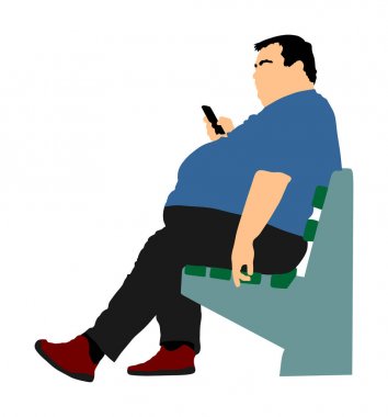 Şişman adam sağlık vektör illüstrasyon hakkında endişe. Kilolu kişi sorun. Büyük çocuk yemek kalorisi hakkında düşünün. Şişman çocuk parkta bankta oturuyor ve cep telefonuyla fast food sipariş ediyor. Dev adam.