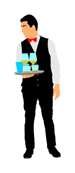 Professional Waiter Holding Tray Order Drinks Guests Vector Servant Restaurant — Stock Vector