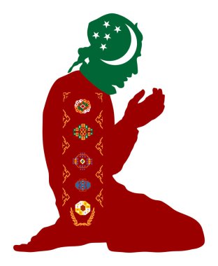 İslam dini. Türkmenistan ulusal bayrak sembolü tema arka plan Müslüman izole Müslüman dua müslüman adam poz. Avrupa ülkesinde sadık Müslüman göçmen vatandaş. 
