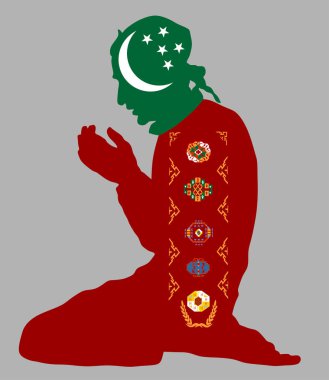 İslam dini. Türkmenistan ulusal bayrak sembolü tema arka plan Müslüman izole Müslüman dua müslüman adam poz. Avrupa ülkesinde sadık Müslüman göçmen vatandaş.