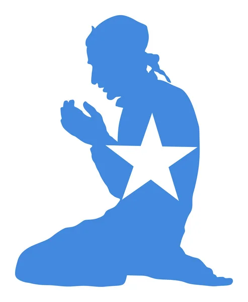 Pose of Muslim man praying vector silhouette illustration isolated on background. Muslim from Somalia national flag symbol theme. Islamic religion faithful. Believer in mosque.