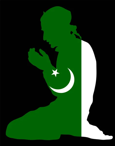 Islamic religion. Pose of Muslim man praying vector silhouette illustration isolated on background. Muslim from Pakistan national flag symbol theme. Loyal Muslim migrant citizen in  European country.