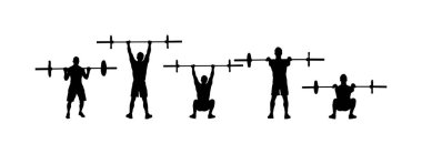 Spor salonu vektör siluet illüstrasyon beyaz arka plan üzerinde izole halterci. Egzersiz. Spor adamı barbell ile egzersiz yapıyor. Eğitimde insan vücut geliştirmeci. Sağlık ve zindelik. Kişisel antrenör