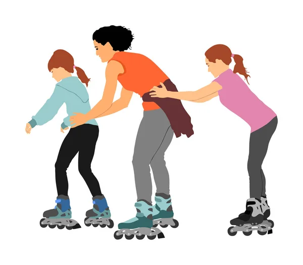 Rolschaatsen Meisjes Met Moeder Park Skaten Vector Illustratie Geïsoleerd Achtergrond — Stockvector