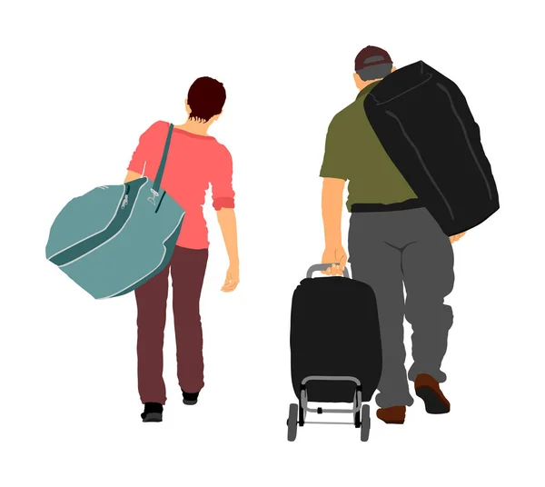 Casal Passageiros Com Bagagem Andando Aeroporto Ilustração Vetor Viajante Com — Vetor de Stock